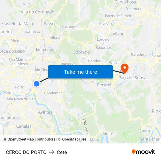 CERCO DO PORTO to Cete map