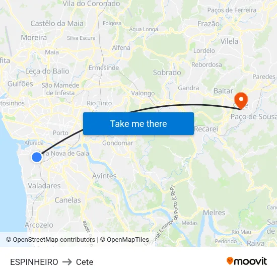 ESPINHEIRO to Cete map