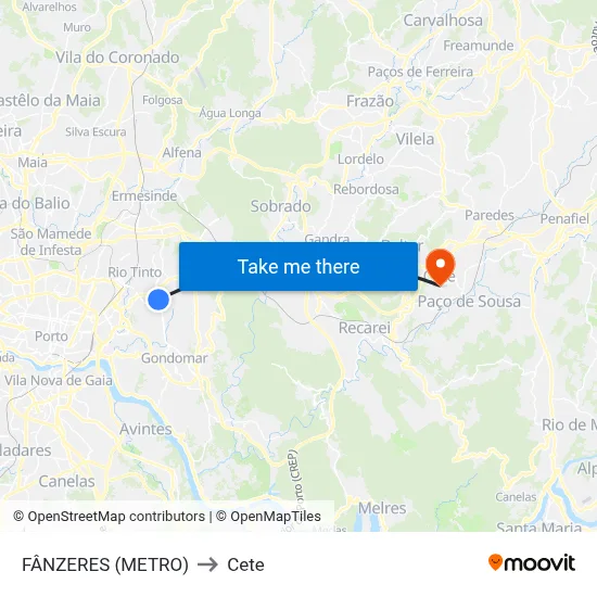 FÂNZERES (METRO) to Cete map