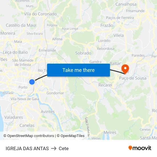 IGREJA DAS ANTAS to Cete map