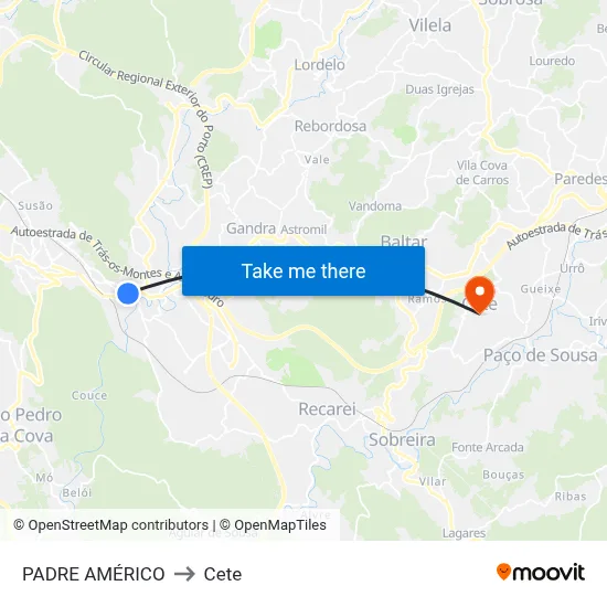 PADRE AMÉRICO to Cete map