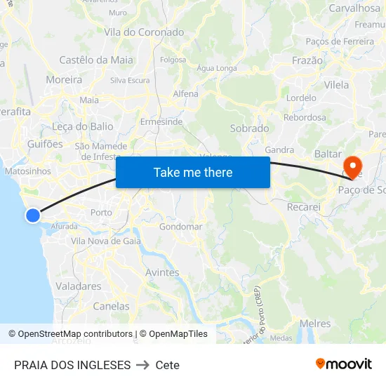PRAIA DOS INGLESES to Cete map