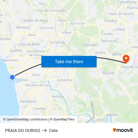 PRAIA DO OURIGO to Cete map