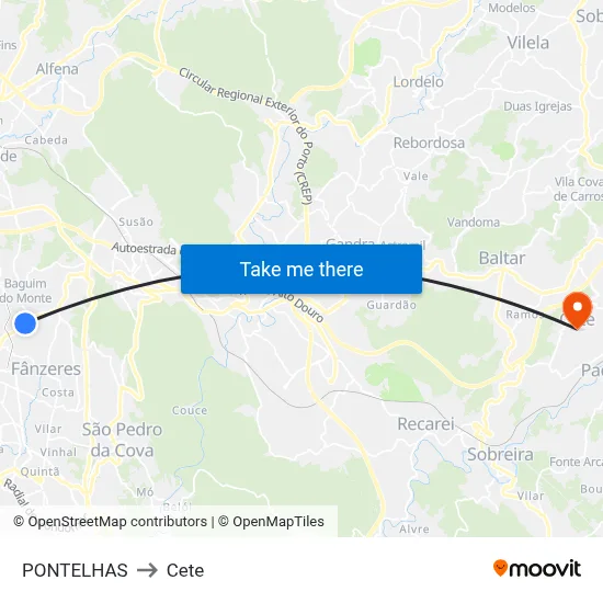 PONTELHAS to Cete map