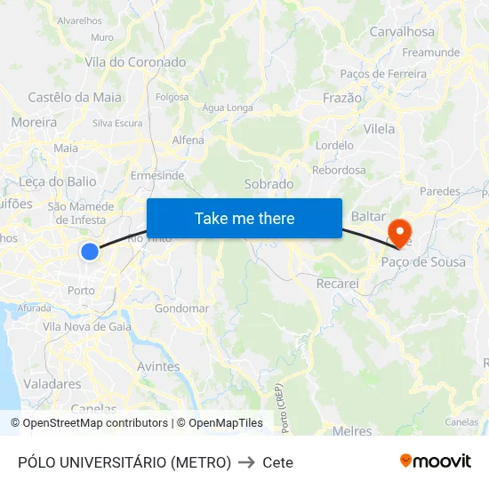 PÓLO UNIVERSITÁRIO (METRO) to Cete map