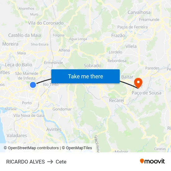 RICARDO ALVES to Cete map