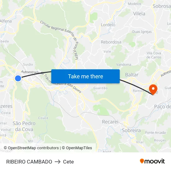 RIBEIRO CAMBADO to Cete map