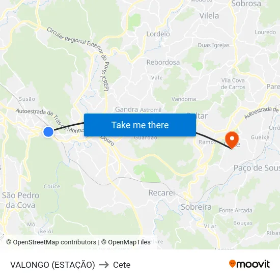 VALONGO (ESTAÇÃO) to Cete map