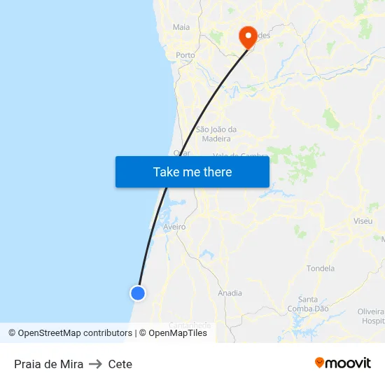 Praia de Mira to Cete map