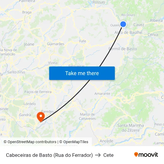 Cabeceiras de Basto (Rua do Ferrador) to Cete map
