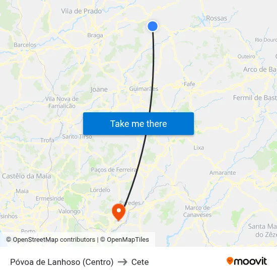 Póvoa de Lanhoso (Centro) to Cete map