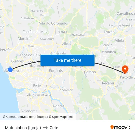 Matosinhos (Igreja) to Cete map