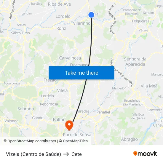 Vizela (Centro de Saúde) to Cete map