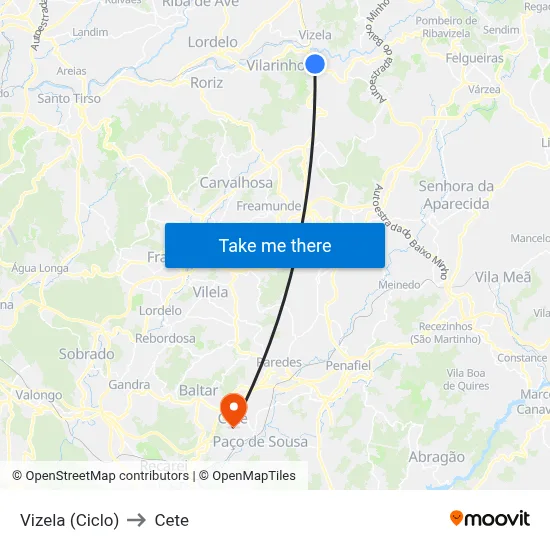 Vizela (Ciclo) to Cete map