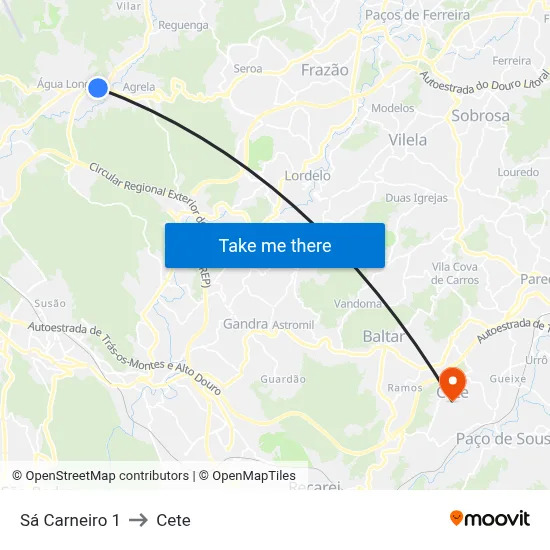 Sá Carneiro 1 to Cete map