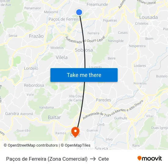 Paços de Ferreira (Zona Comercial) to Cete map
