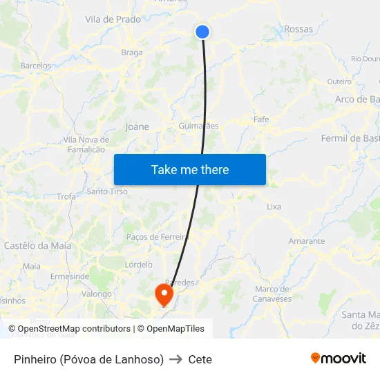 Pinheiro (Póvoa de Lanhoso) to Cete map