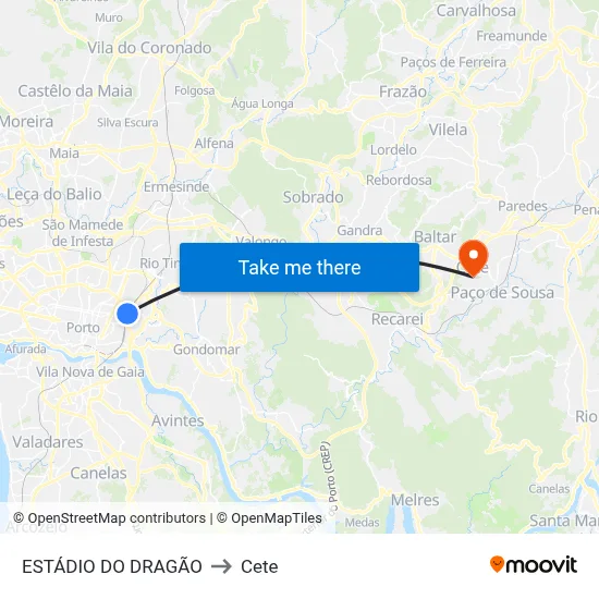 ESTÁDIO DO DRAGÃO to Cete map