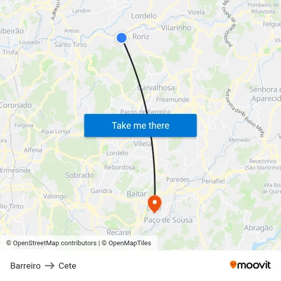Barreiro to Cete map