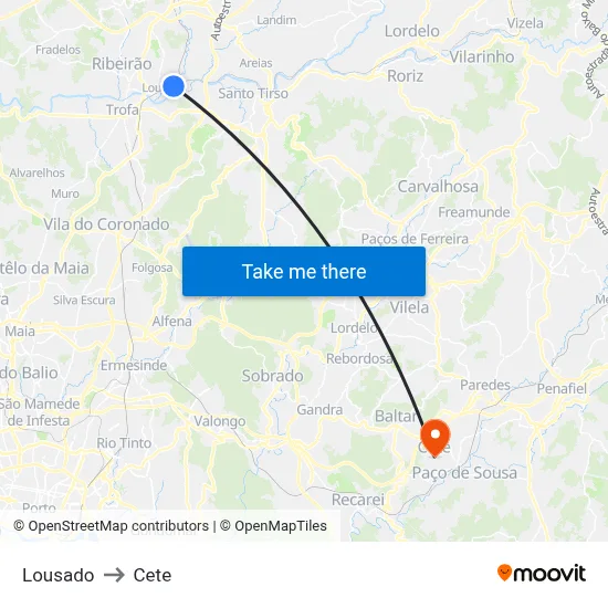 Lousado to Cete map