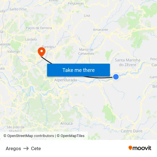 Aregos to Cete map