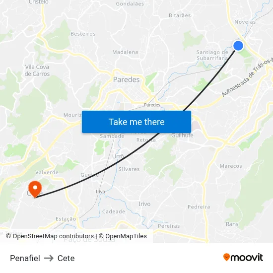 Penafiel to Cete map