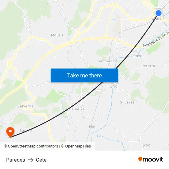 Paredes to Cete map