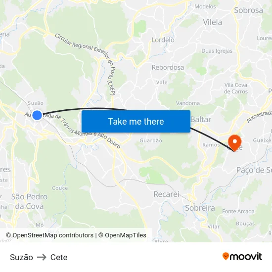 Suzão to Cete map