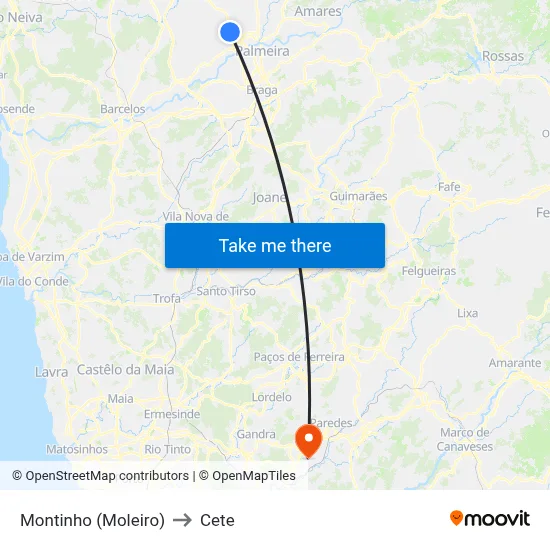Montinho (Moleiro) to Cete map