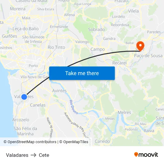 Valadares to Cete map