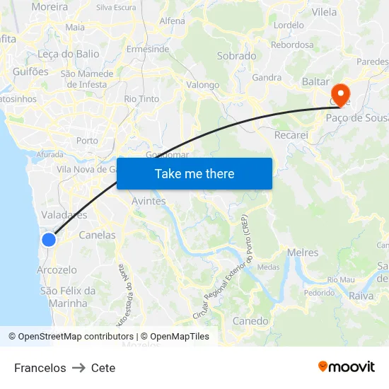 Francelos to Cete map