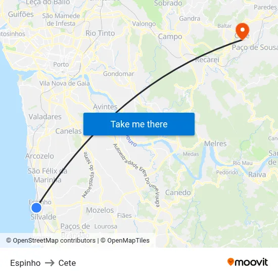Espinho to Cete map