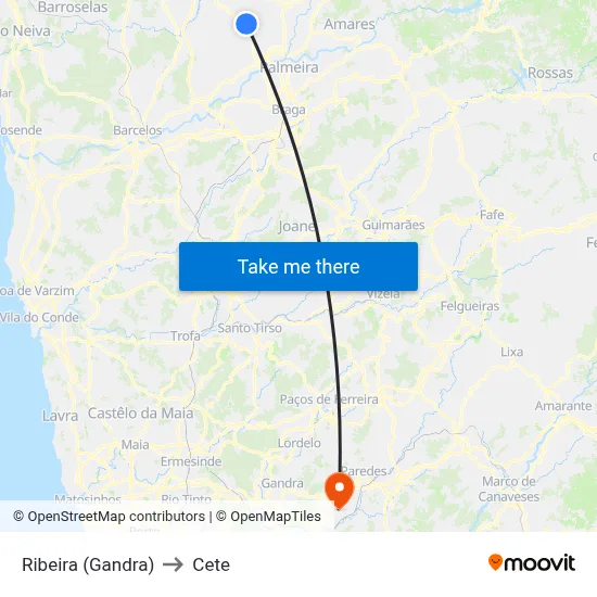 Ribeira (Gandra) to Cete map
