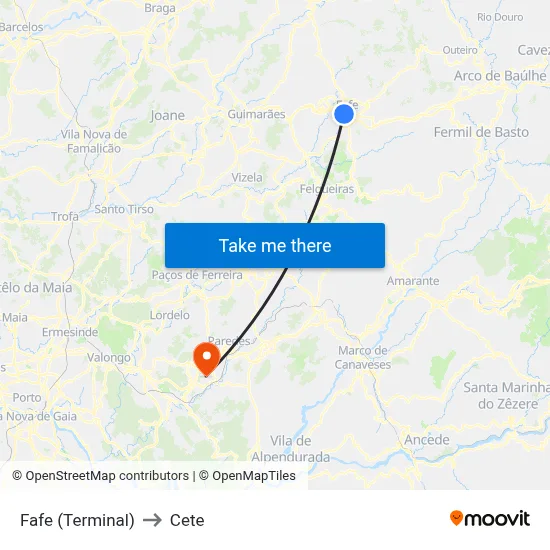 Fafe (Terminal) to Cete map