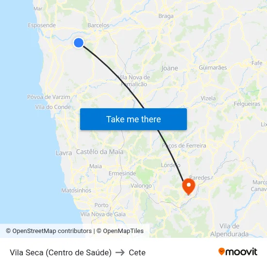 Vila Seca (Centro de Saúde) to Cete map