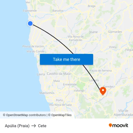 Apúlia (Praia) to Cete map