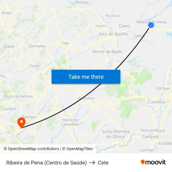 Ribeira de Pena (Centro de Saúde) to Cete map