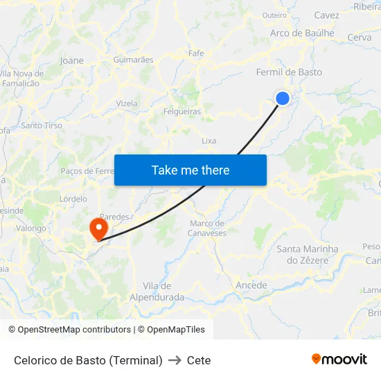 Celorico de Basto (Terminal) to Cete map