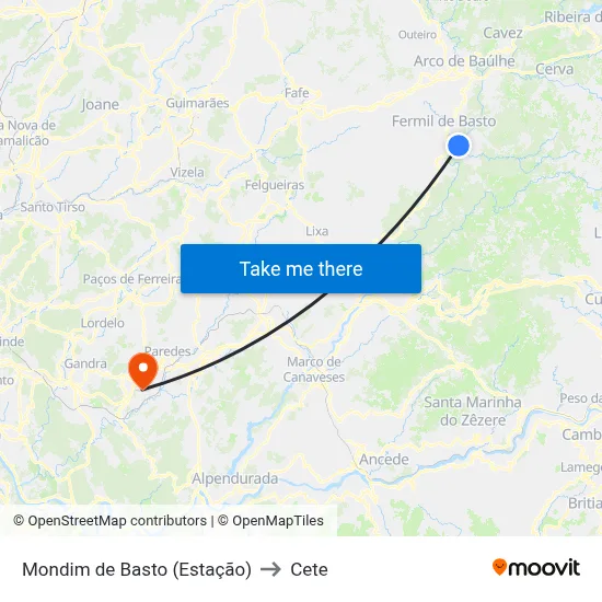 Mondim de Basto (Estação) to Cete map