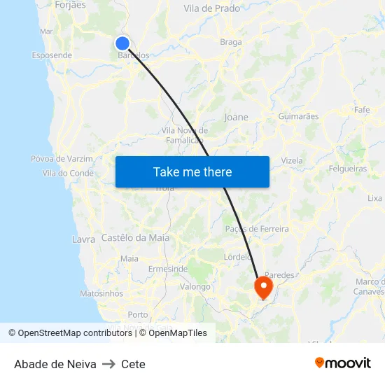 Abade de Neiva to Cete map