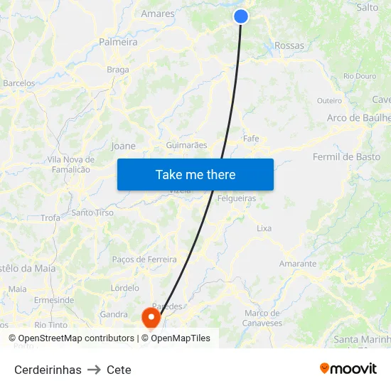 Cerdeirinhas to Cete map