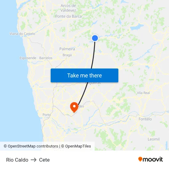 Rio Caldo to Cete map