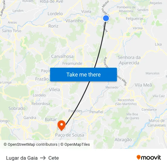 Lugar da Gaia to Cete map