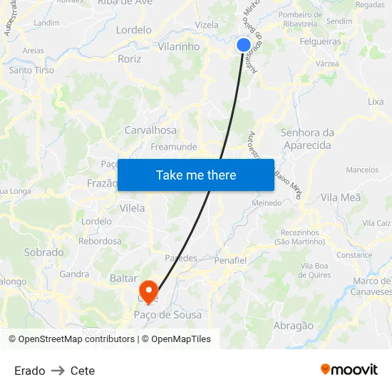 Erado to Cete map