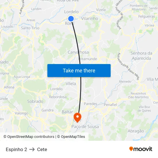 Espinho 2 to Cete map