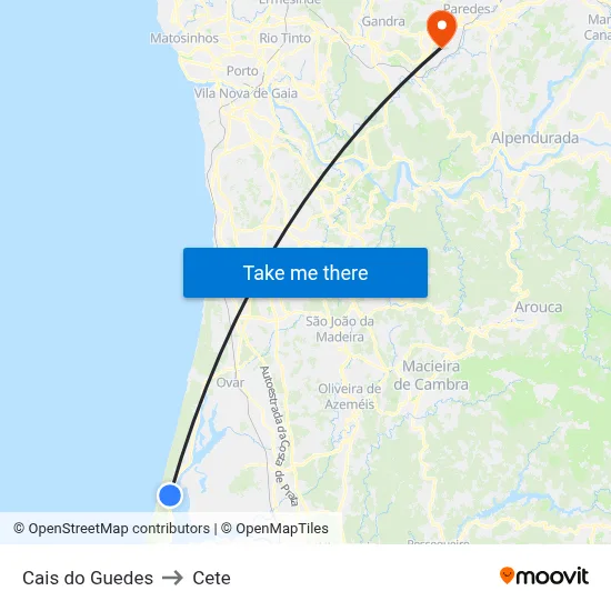 Cais do Guedes to Cete map