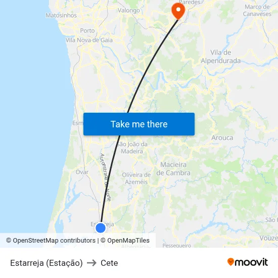 Estarreja (Estação) to Cete map