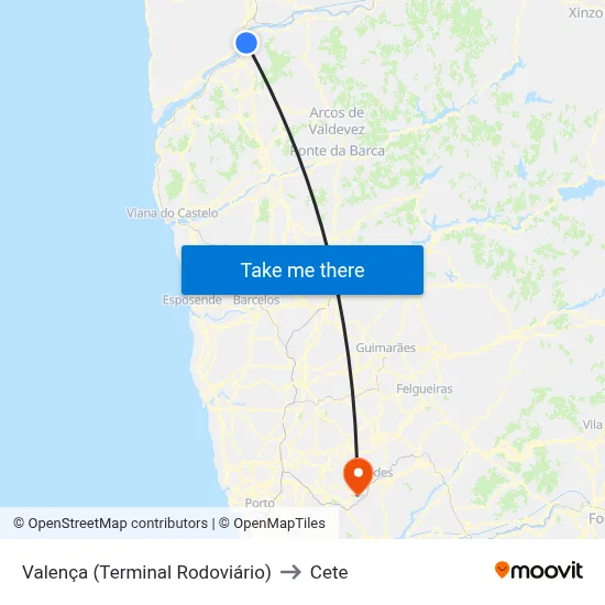 Valença (Terminal Rodoviário) to Cete map