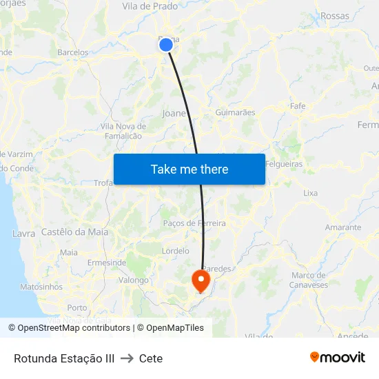 Rotunda Estação III to Cete map
