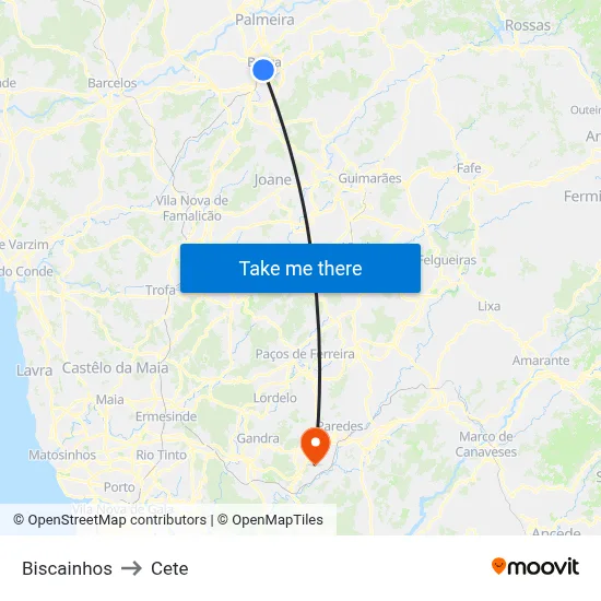 Biscainhos to Cete map